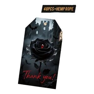 48 Piece Goth Black Rose ‘Thank You’ Tags with Hemp Rope